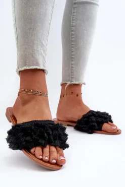 Best Boto Płaskie Klapki Damskie Z Frędzlami Czarne Rialle Czarny