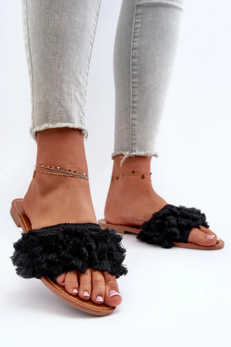 Best Boto Płaskie Klapki Damskie Z Frędzlami Czarne Rialle Czarny