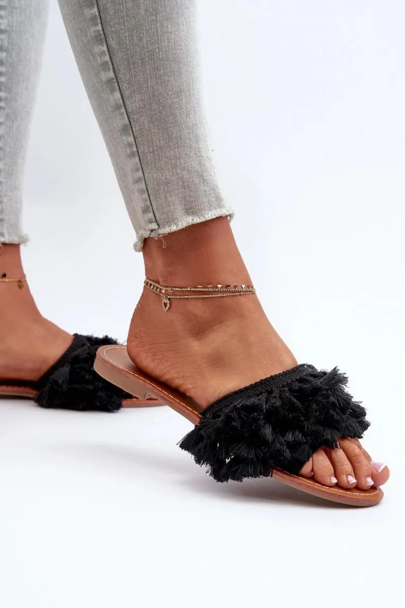 Best Boto Płaskie Klapki Damskie Z Frędzlami Czarne Rialle Czarny