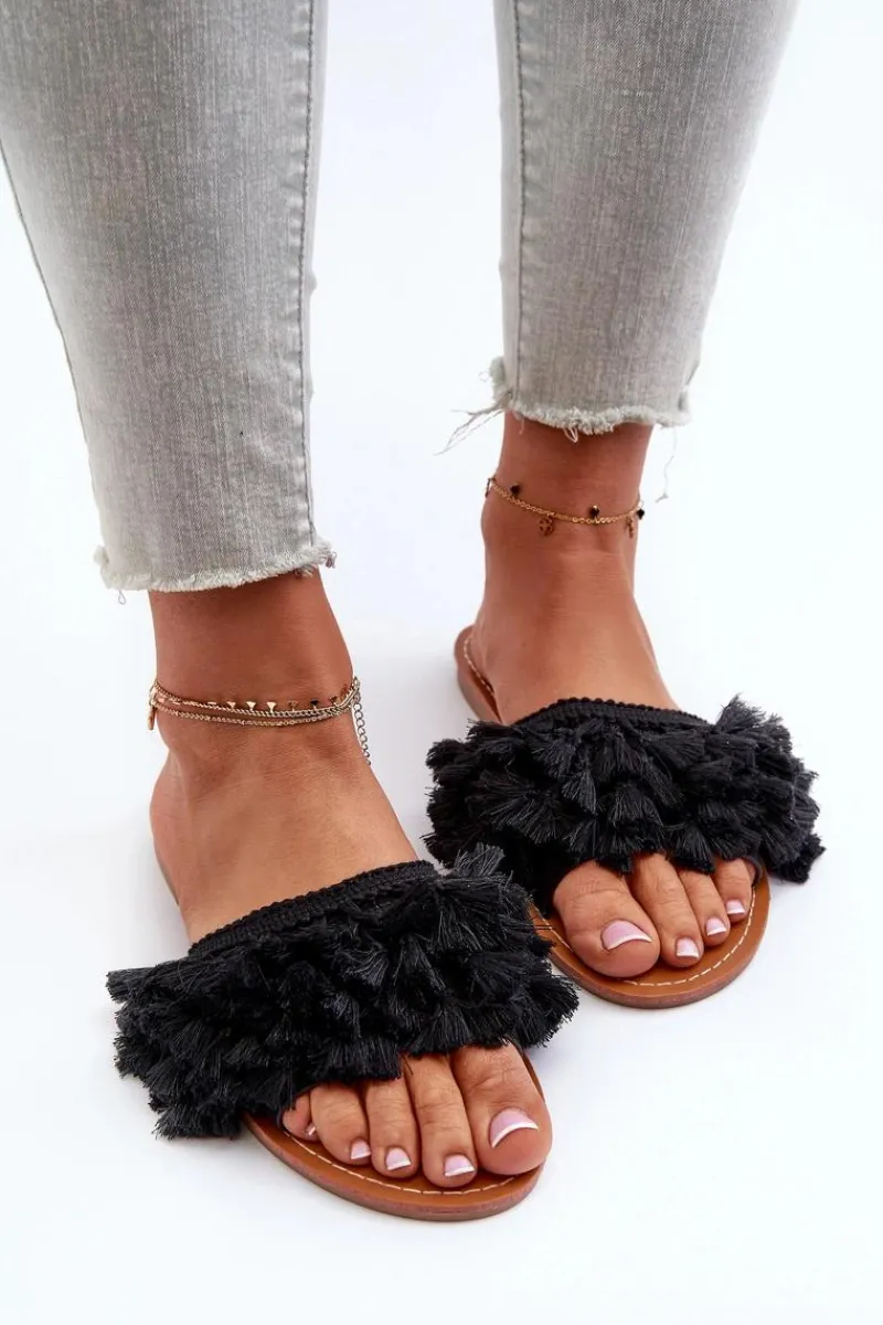 Best Boto Płaskie Klapki Damskie Z Frędzlami Czarne Rialle Czarny