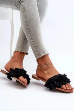 Best Boto Płaskie Klapki Damskie Z Frędzlami Czarne Rialle Czarny