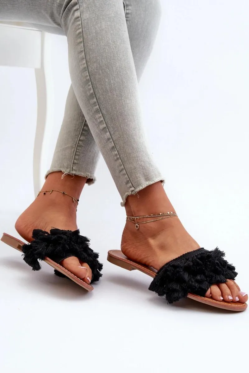 Best Boto Płaskie Klapki Damskie Z Frędzlami Czarne Rialle Czarny