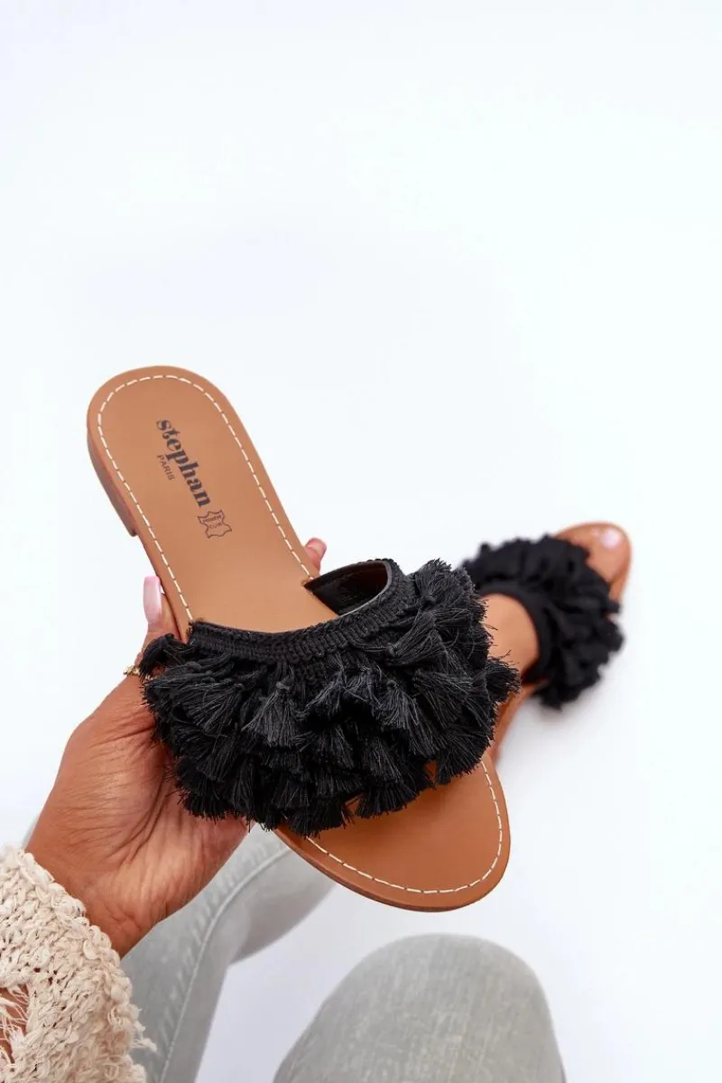 Best Boto Płaskie Klapki Damskie Z Frędzlami Czarne Rialle Czarny