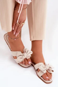 Clearance Boto Płaskie Klapki Damskie Z Kokardką Beżowe Tobin Beżowy