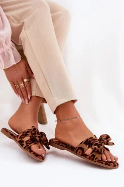 New Płaskie Klapki Damskie Z Kokardką Panterka Brązowe Tobin Damskie Klapki Damskie Klasyczne