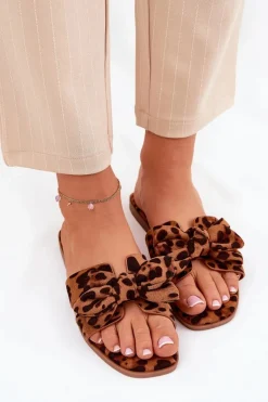 New Płaskie Klapki Damskie Z Kokardką Panterka Brązowe Tobin Damskie Klapki Damskie Klasyczne