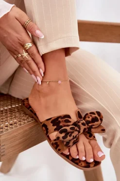 New Płaskie Klapki Damskie Z Kokardką Panterka Brązowe Tobin Damskie Klapki Damskie Klasyczne