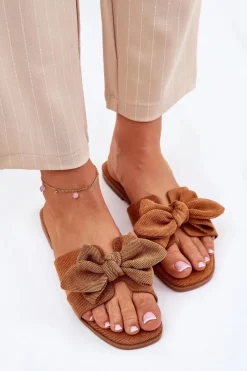 Klapki Damskie Klasyczne>Boto Płaskie Klapki Damskie Z Kokardką Camel Tobin Brązowy