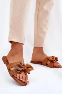 Klapki Damskie Klasyczne>Boto Płaskie Klapki Damskie Z Kokardką Camel Tobin Brązowy