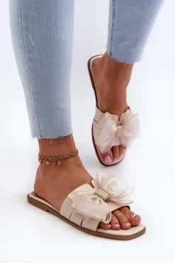 Discount Boto Płaskie Klapki Damskie Z Kokardą Beżowe Balinda