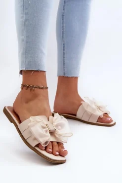 Discount Boto Płaskie Klapki Damskie Z Kokardą Beżowe Balinda