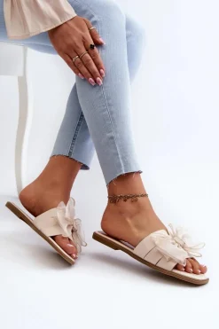 Discount Boto Płaskie Klapki Damskie Z Kokardą Beżowe Balinda