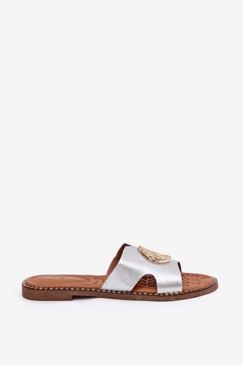 Klapki Damskie Klasyczne>Boto Płaskie Klapki Damskie Z Ozdobnym Detalem Srebrne Oferry