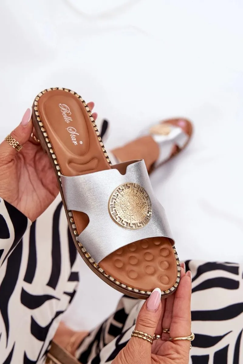 Klapki Damskie Klasyczne>Boto Płaskie Klapki Damskie Z Ozdobnym Detalem Srebrne Oferry