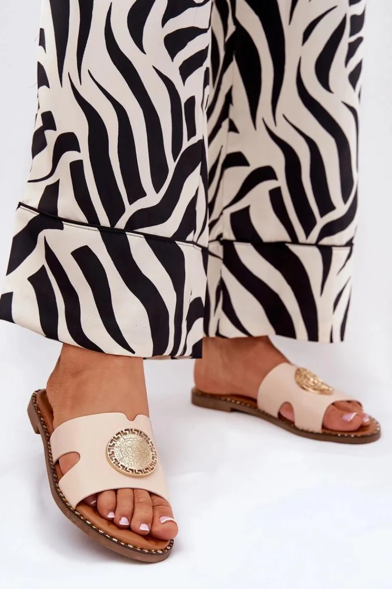 Sale Boto Płaskie Klapki Damskie Z Ozdobnym Detalem Beżowe Oferry