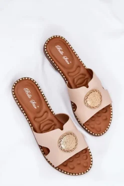 Sale Boto Płaskie Klapki Damskie Z Ozdobnym Detalem Beżowe Oferry