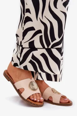 Sale Boto Płaskie Klapki Damskie Z Ozdobnym Detalem Beżowe Oferry