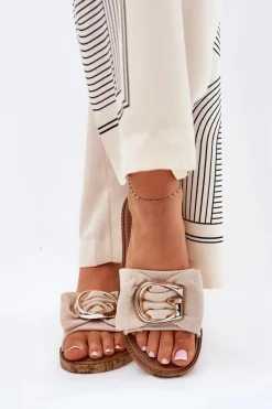 Boto Płaskie Klapki Damskie Z Ozdobnym Detalem Beżowe Nellodra Beżowy