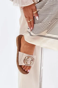 Boto Płaskie Klapki Damskie Z Ozdobnym Detalem Beżowe Nellodra Beżowy