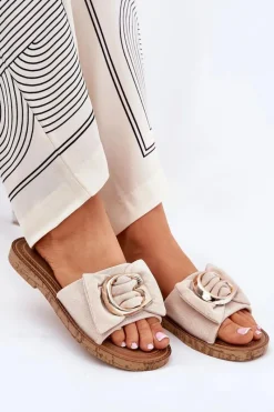 Boto Płaskie Klapki Damskie Z Ozdobnym Detalem Beżowe Nellodra Beżowy