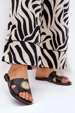 Klapki Damskie Klasyczne>Boto Płaskie Klapki Damskie Z Ozdobnym Detalem Czarne Oferry