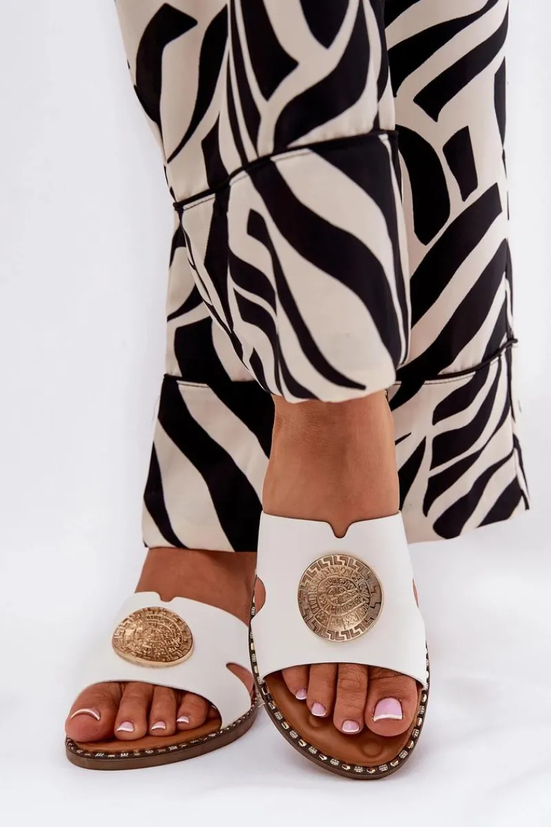 Płaskie Klapki Damskie Z Ozdobnym Detalem Białe Oferry Damskie Klapki Damskie Klasyczne