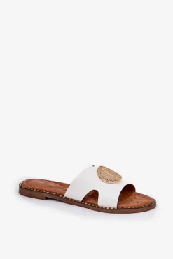 Płaskie Klapki Damskie Z Ozdobnym Detalem Białe Oferry Damskie Klapki Damskie Klasyczne