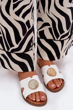 Płaskie Klapki Damskie Z Ozdobnym Detalem Białe Oferry Damskie Klapki Damskie Klasyczne