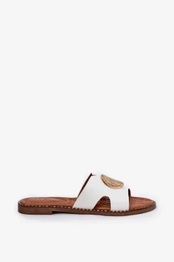 Płaskie Klapki Damskie Z Ozdobnym Detalem Białe Oferry Damskie Klapki Damskie Klasyczne