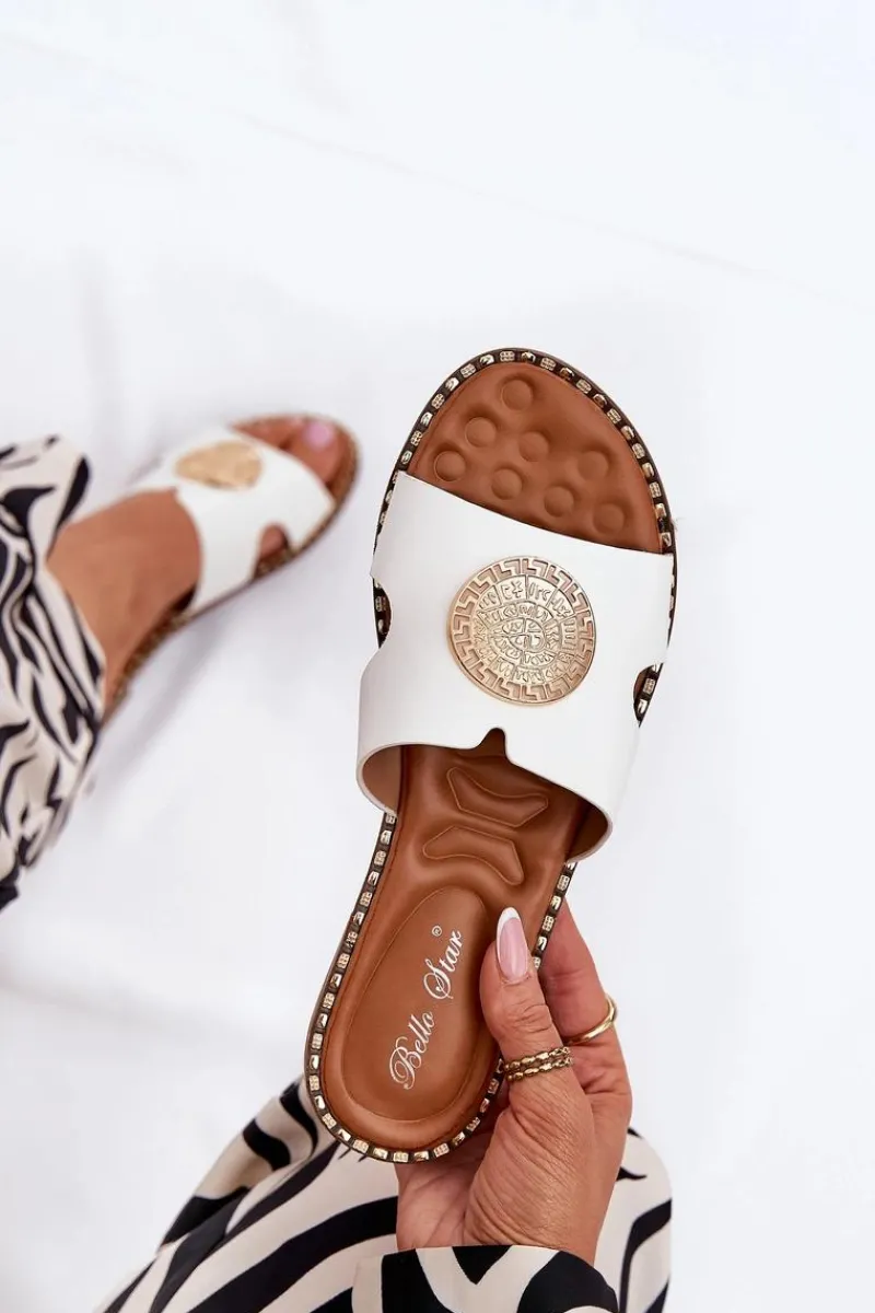 Płaskie Klapki Damskie Z Ozdobnym Detalem Białe Oferry Damskie Klapki Damskie Klasyczne