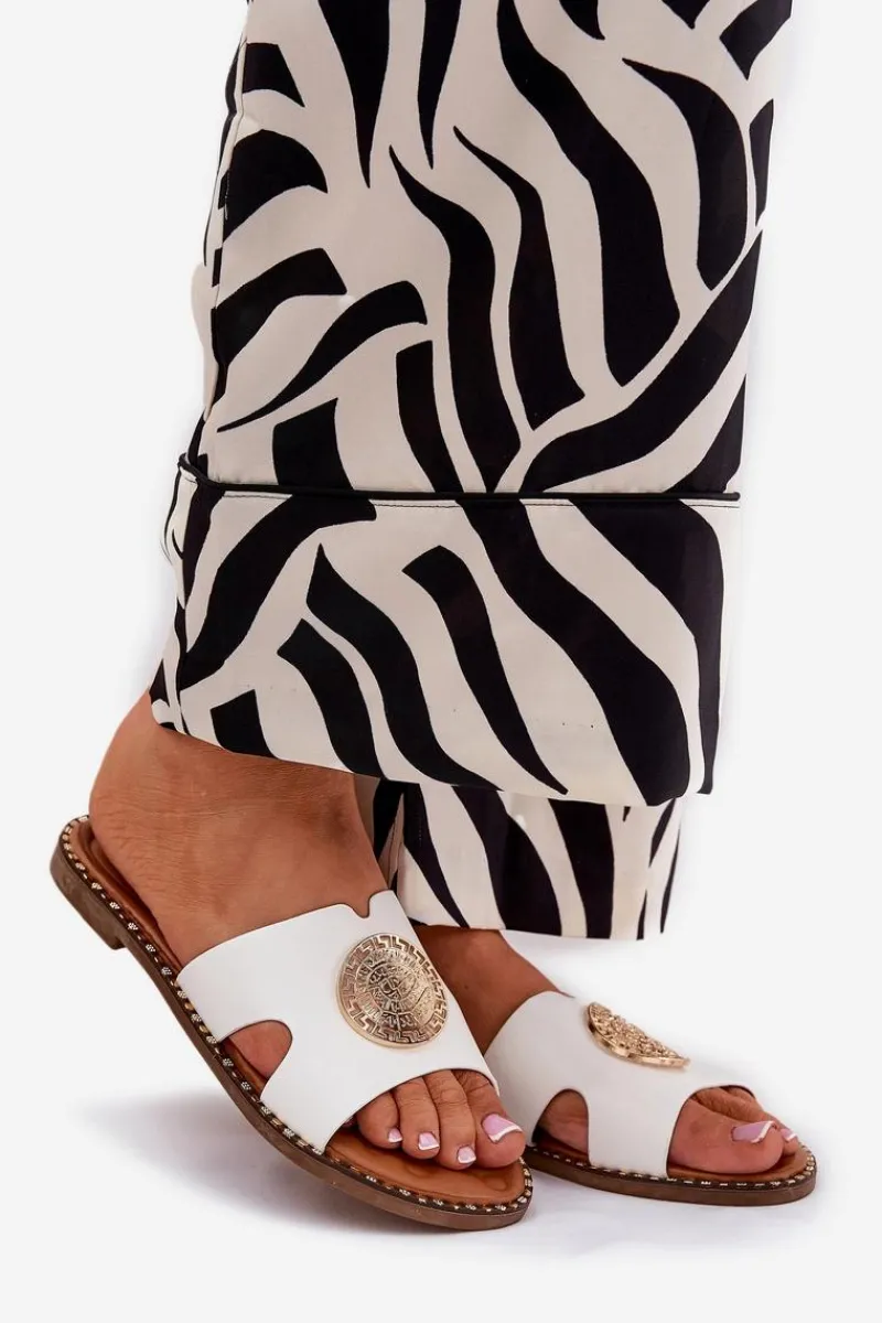 Płaskie Klapki Damskie Z Ozdobnym Detalem Białe Oferry Damskie Klapki Damskie Klasyczne