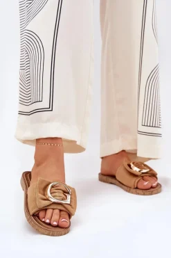 Outlet Płaskie Klapki Damskie Z Ozdobnym Detalem Camel Nellodra Damskie Klapki Damskie Klasyczne