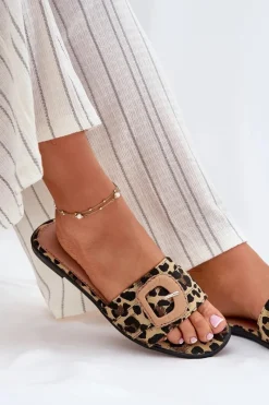 Klapki Damskie Klasyczne>Boto Płaskie Klapki Damskie Z Ozdobną Klamrą Panterka Clariola Brązowy