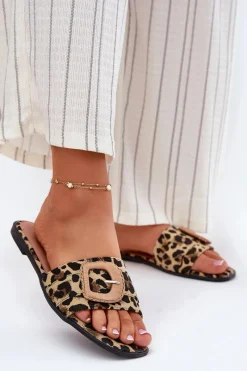 Klapki Damskie Klasyczne>Boto Płaskie Klapki Damskie Z Ozdobną Klamrą Panterka Clariola Brązowy