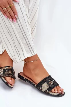 Sale Płaskie Klapki Damskie Z Ozdobną Klamrą Czarne Clariola Damskie Klapki Damskie Klasyczne