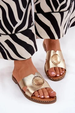 Outlet Boto Płaskie Klapki Damskie Z Ozdobnym Detalem Złote Oferry