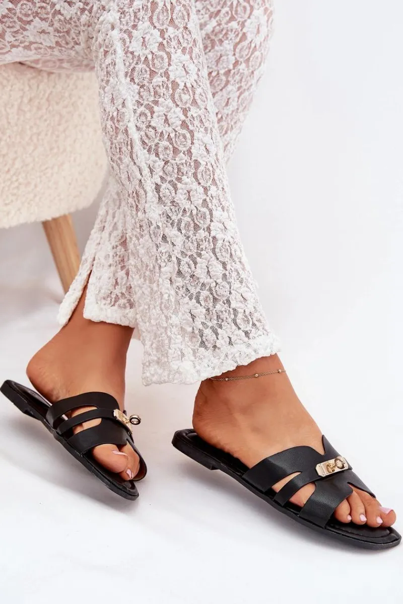 Best Boto Płaskie Klapki Damskie Z Paseczkiem I Złotym Detalem Czarne Kerenza Czarny