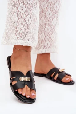 Best Boto Płaskie Klapki Damskie Z Paseczkiem I Złotym Detalem Czarne Kerenza Czarny