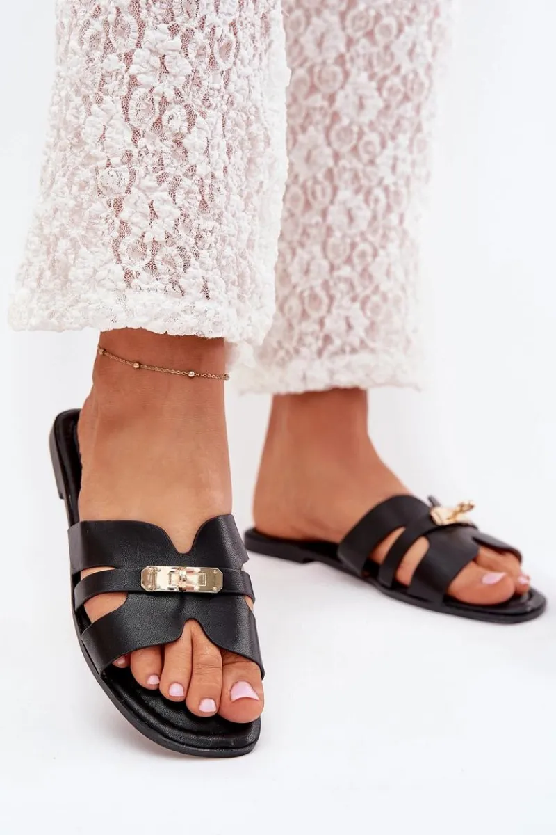 Best Boto Płaskie Klapki Damskie Z Paseczkiem I Złotym Detalem Czarne Kerenza Czarny