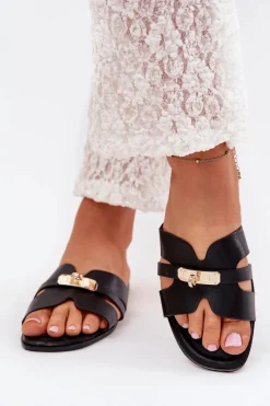 Best Boto Płaskie Klapki Damskie Z Paseczkiem I Złotym Detalem Czarne Kerenza Czarny
