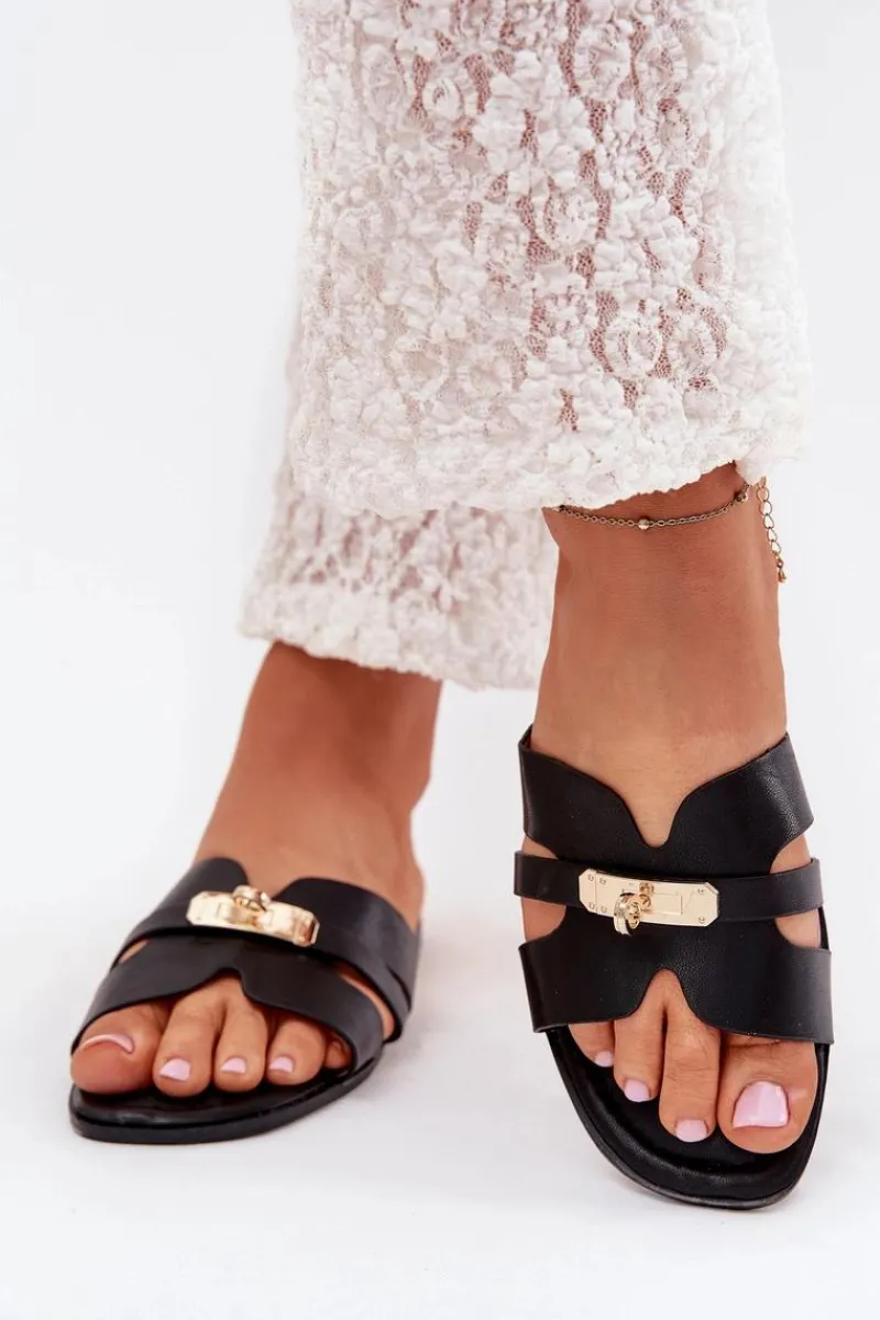 Best Boto Płaskie Klapki Damskie Z Paseczkiem I Złotym Detalem Czarne Kerenza Czarny