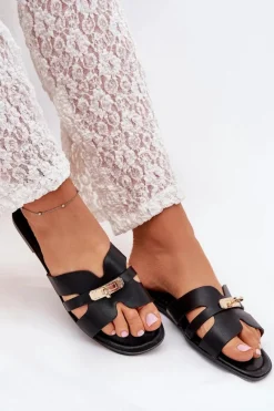 Best Boto Płaskie Klapki Damskie Z Paseczkiem I Złotym Detalem Czarne Kerenza Czarny