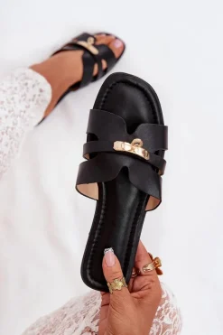 Best Boto Płaskie Klapki Damskie Z Paseczkiem I Złotym Detalem Czarne Kerenza Czarny