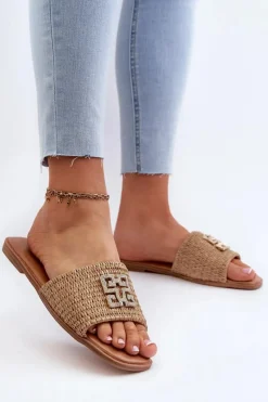 Klapki Damskie Klasyczne>Evento Płaskie Klapki Damskie Z Plecionką I Ozdobą Beżowe Omenna Beżowy