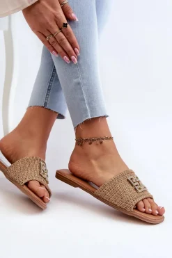 Klapki Damskie Klasyczne>Evento Płaskie Klapki Damskie Z Plecionką I Ozdobą Beżowe Omenna Beżowy