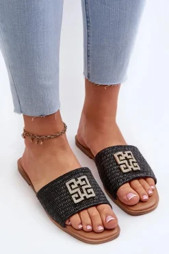 Clearance Evento Płaskie Klapki Damskie Z Plecionką I Ozdobą Czarne Omenna Czarny