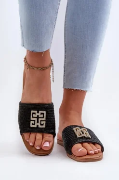 Clearance Evento Płaskie Klapki Damskie Z Plecionką I Ozdobą Czarne Omenna Czarny