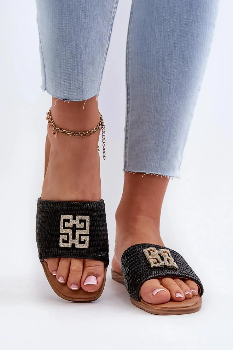 Clearance Evento Płaskie Klapki Damskie Z Plecionką I Ozdobą Czarne Omenna Czarny