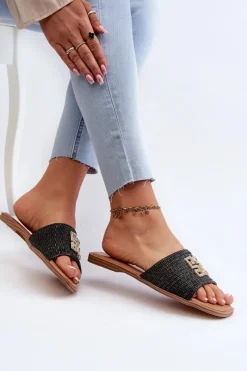 Clearance Evento Płaskie Klapki Damskie Z Plecionką I Ozdobą Czarne Omenna Czarny