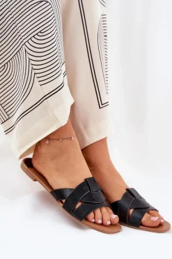 New Boto Płaskie Klapki Damskie Z Przeplatającymi Się Paskami Czarne Selaenor Czarny